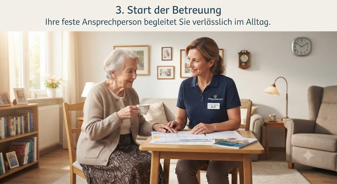 Pflegekraft begleitet Seniorin beim Spaziergang